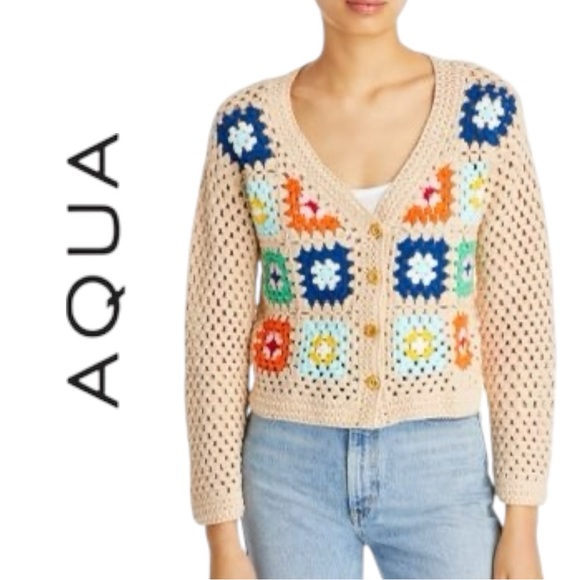 Aqua Sweaters - Aqua Women’s Crocheted 100‎ Cotton Button Down Cardigan - Size S